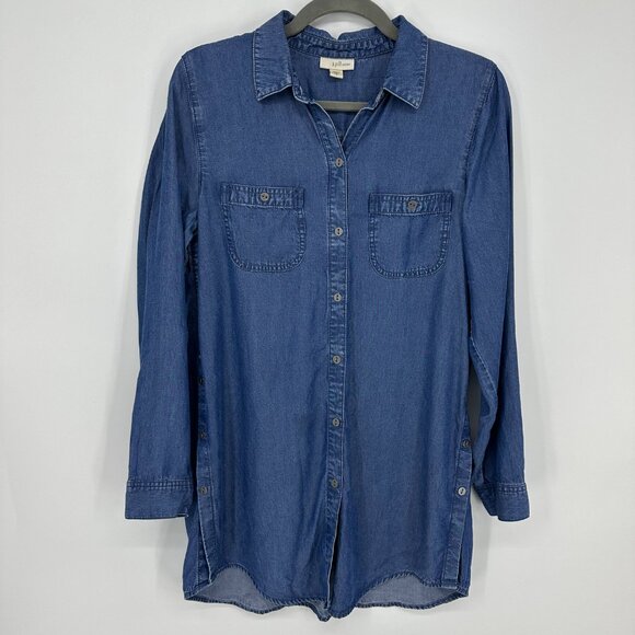 3/$25 J. Jill Chambray Denim Tunic Top S Long Sleeves Button Down Blue - Picture 1 of 8